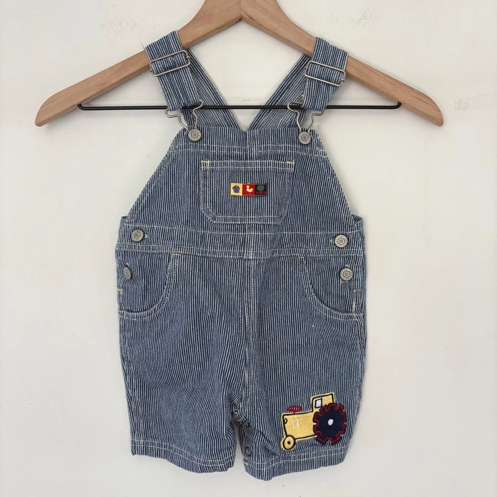 Y2K Toddler Overall Shorts Carters 18M Blue Stripe DenimTractor Farm Animals‎